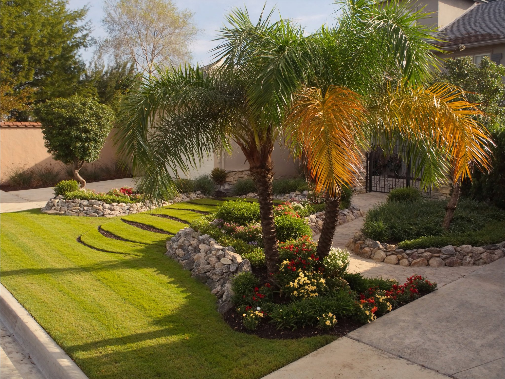 Front yard landscape design with palm trees and stone edging