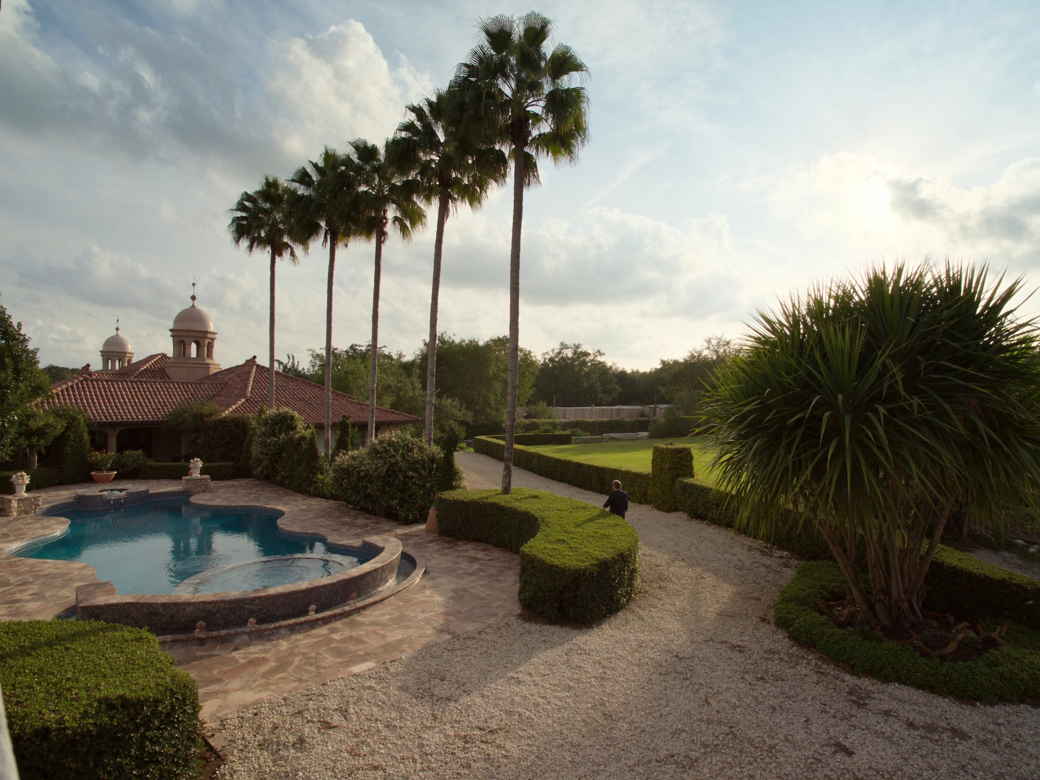 Luxury residential garden with pool and palm trees